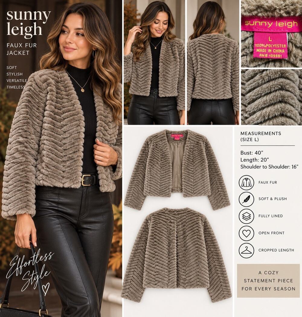 Sunny Leigh Women’s L Taupe Faux Fur Jacket Textured Open Front Cropped Coat